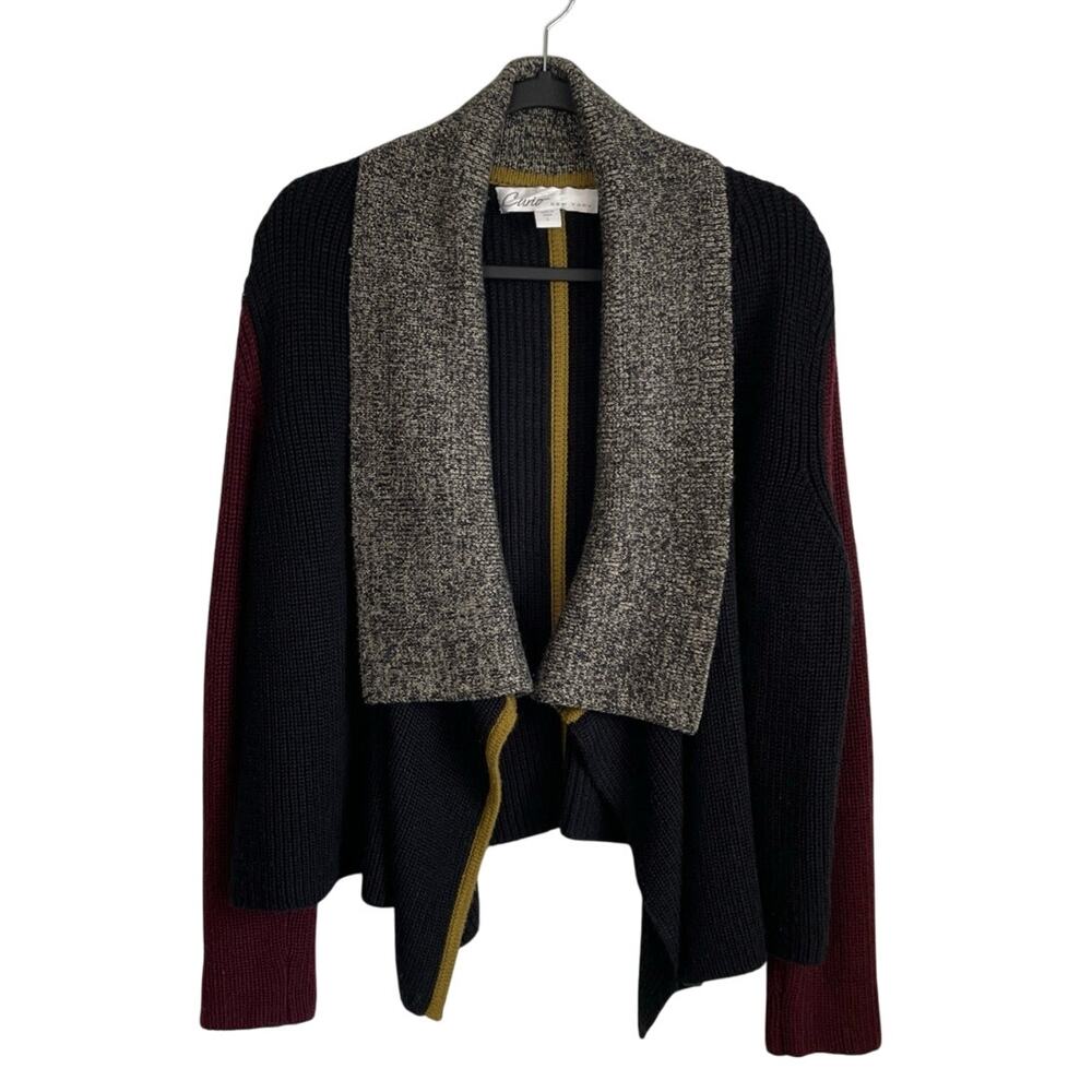 Curio New York Wool Blend Knit Sweater Colorblock Sz L Open Front Cardigan Cozy